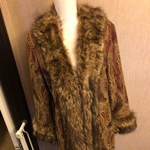 Chico’s brocade coat with faux fur